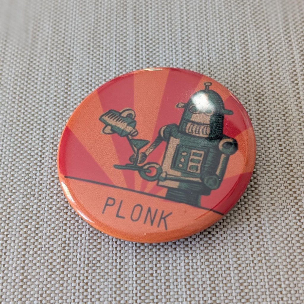 Plonk Robot Drink Button Orange 2.25" Handcrafted Cartoon Cocktail Waiter Fun